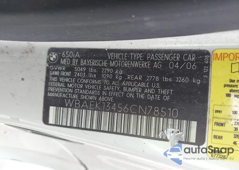 2006 BMW 650I из США, поврежденный, VIN WBAEK13456CN78510